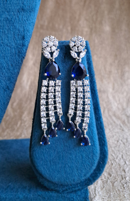 Silver Plated American Diamond Dangler Blue Stone Earrings