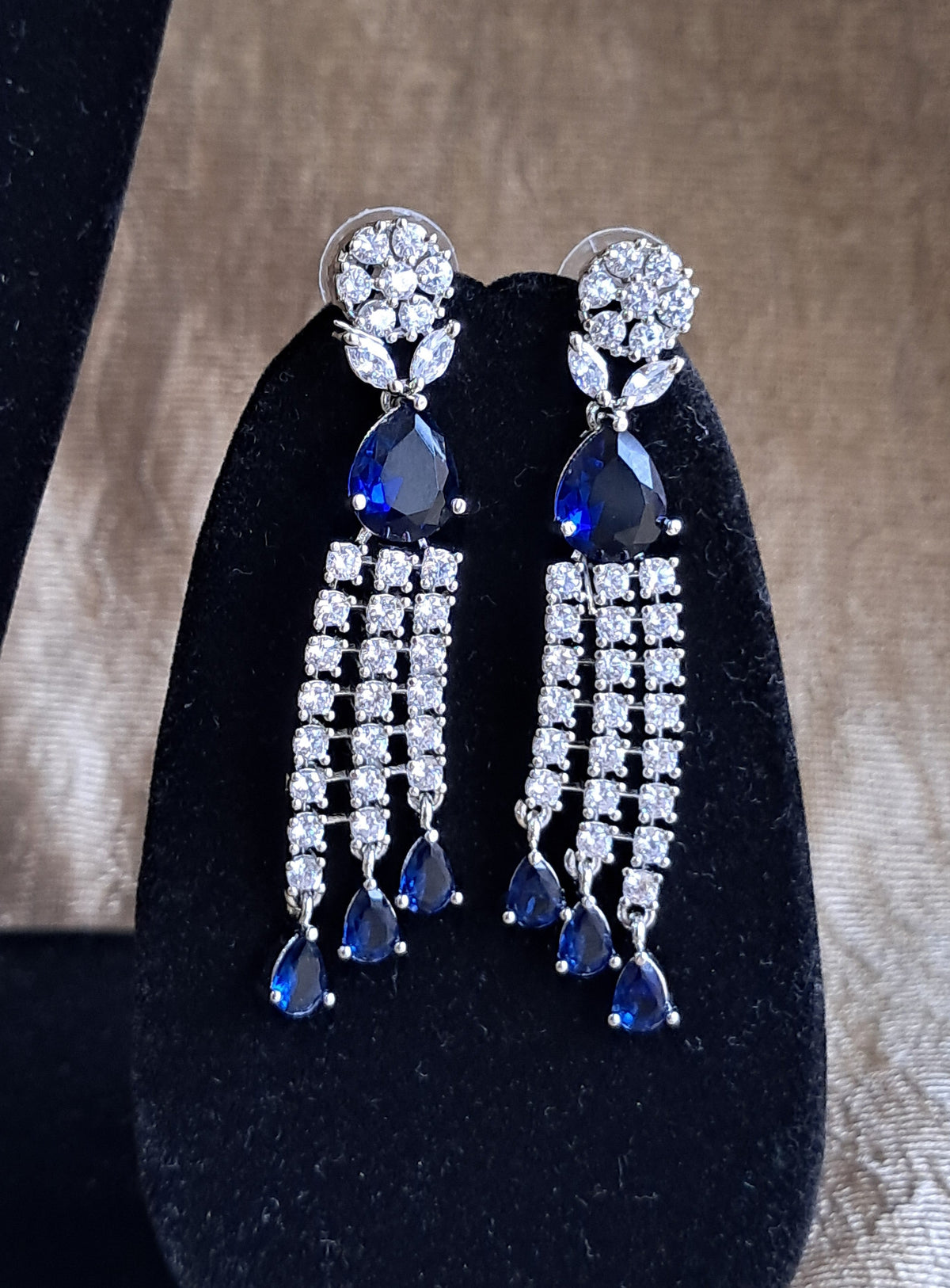 Silver Plated American Diamond Dangler Blue Stone Earrings
