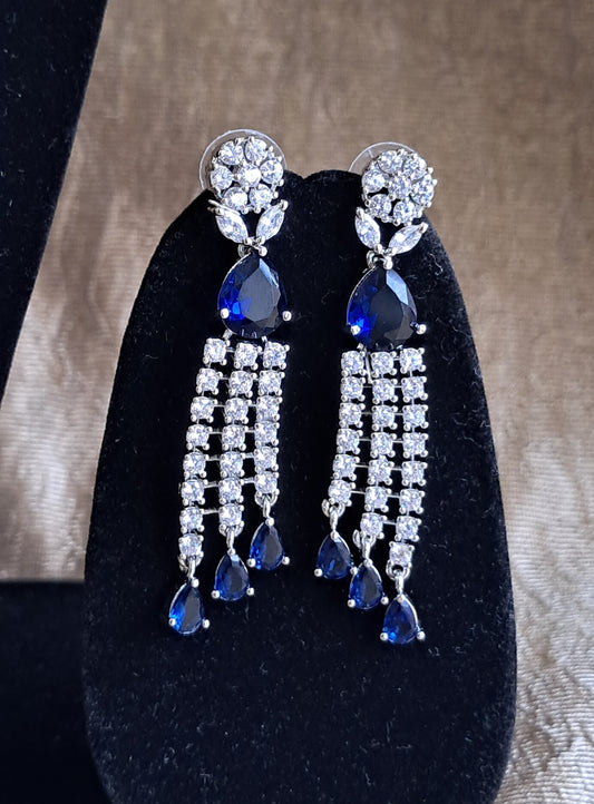 Silver Plated American Diamond Dangler Blue Stone Earrings