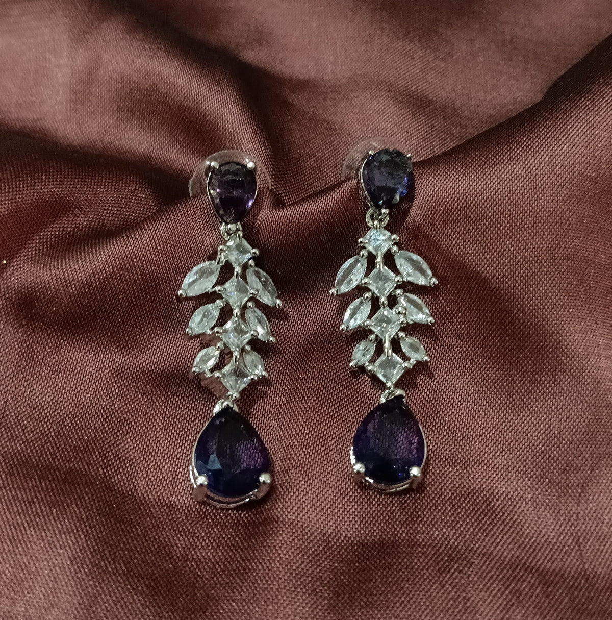 Silver Plated American Diamond Purple Studded Stone Earrings