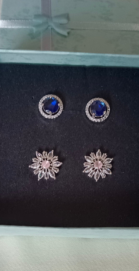 Pack of 2 Stud AD Earrings with Cz Alloy Blue Stud and Pink Floral Stud