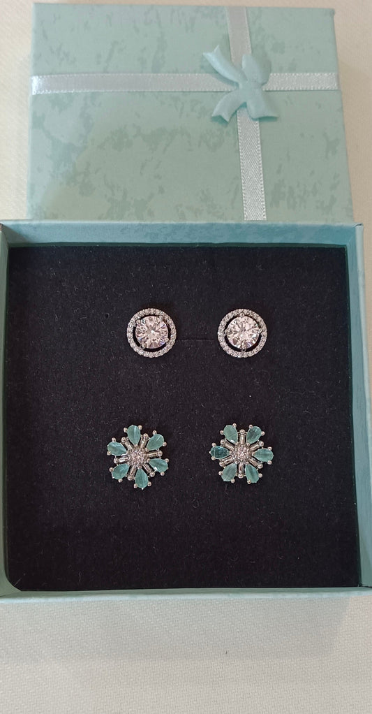 Pack of 2 Stud AD Earrings with Cz Alloy white Stud and mint green floral stud