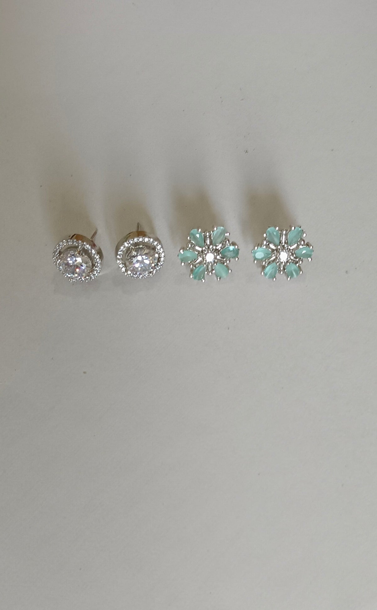 Pack of 2 Stud AD Earrings with Cz Alloy white Stud and mint green floral stud