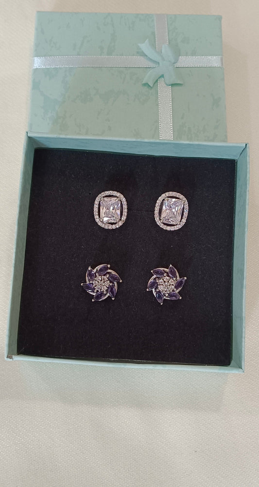 Pack of 2 Stud AD Earrings with White Gold plating Purple floral cluster Stud and White square cut silver toned Stud