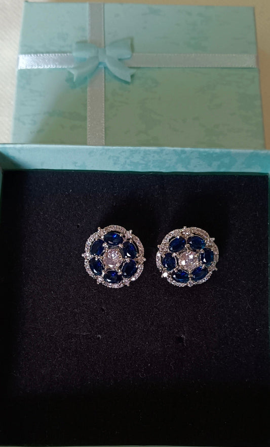 American Diamond Silver Toned Floral Design Stud Earrings