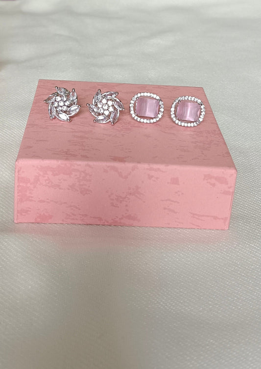 Pack of 2 Stud AD Earrings with White Gold plating White floral cluster Stud and Pink square cut silver toned Stud