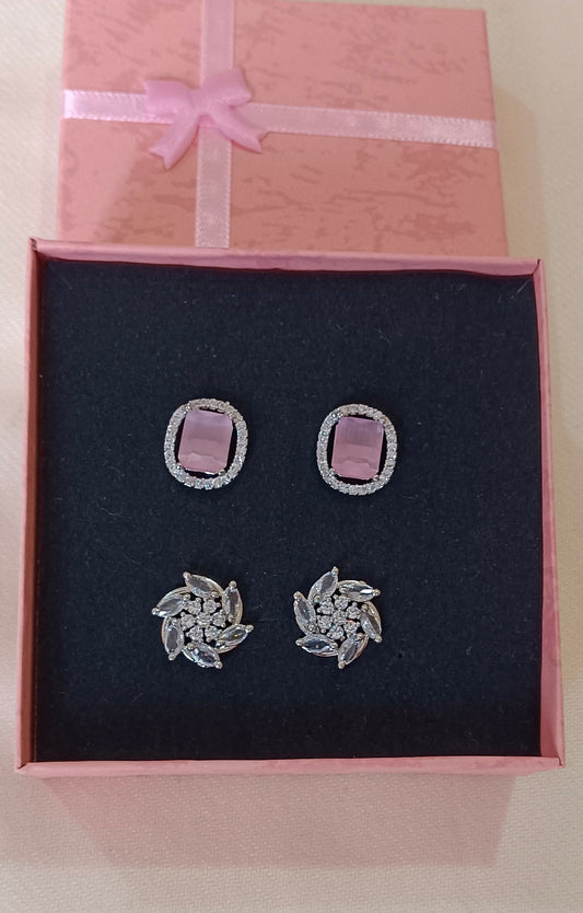 Pack of 2 Stud AD Earrings with White Gold plating White floral cluster Stud and Pink square cut silver toned Stud