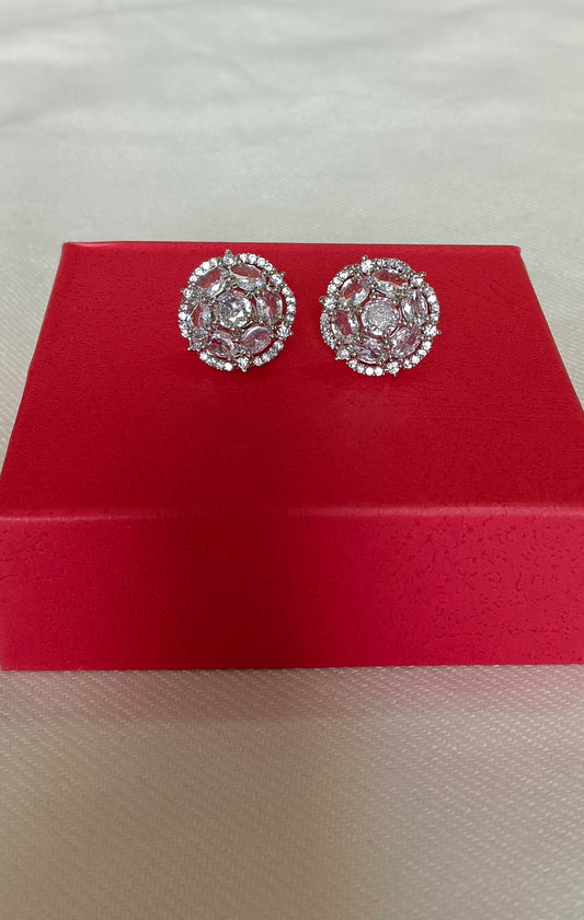 American Diamond Silver Toned Floral Design Stud Earrings
