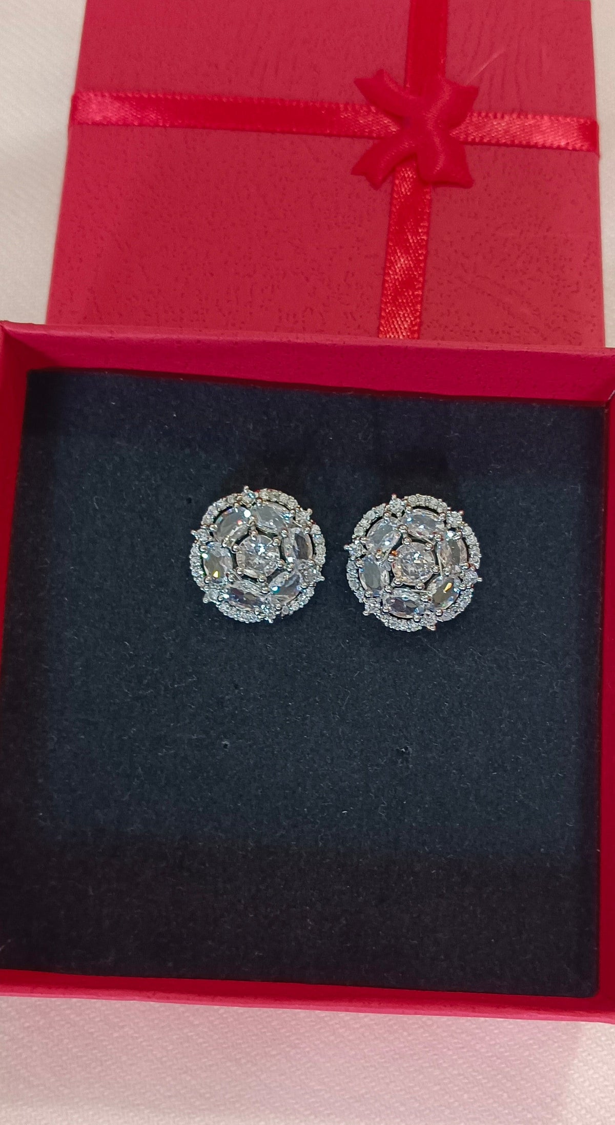 American Diamond Silver Toned Floral Design Stud Earrings