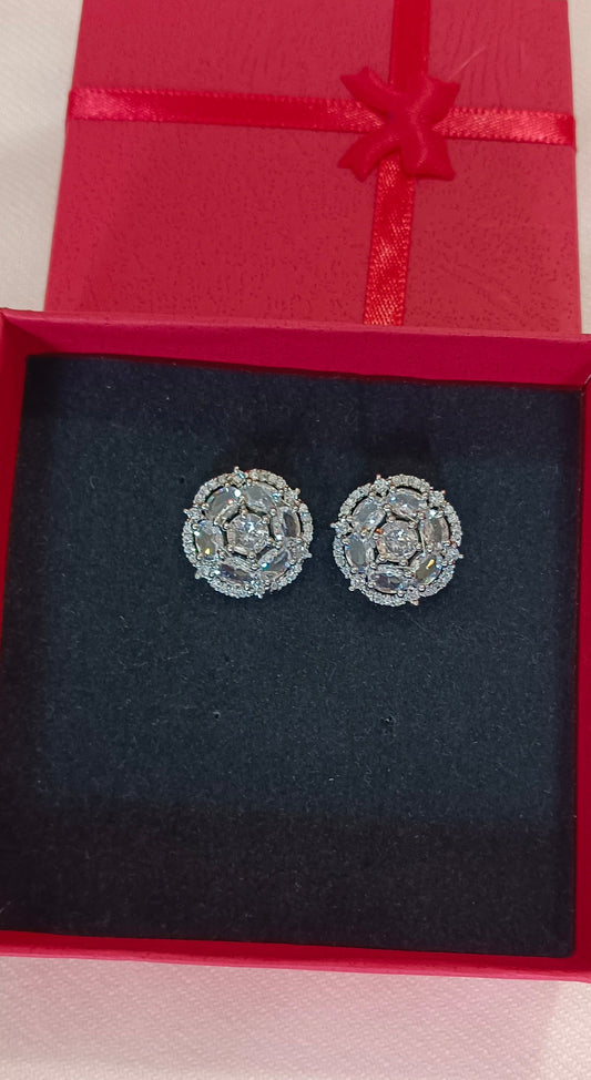 American Diamond Silver Toned Floral Design Stud Earrings