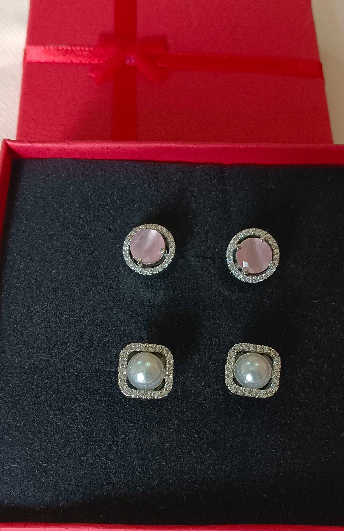 Pack of 2 Silver Central Faux Pearl AD STud Earring and Cz alloy Pink Stud earring