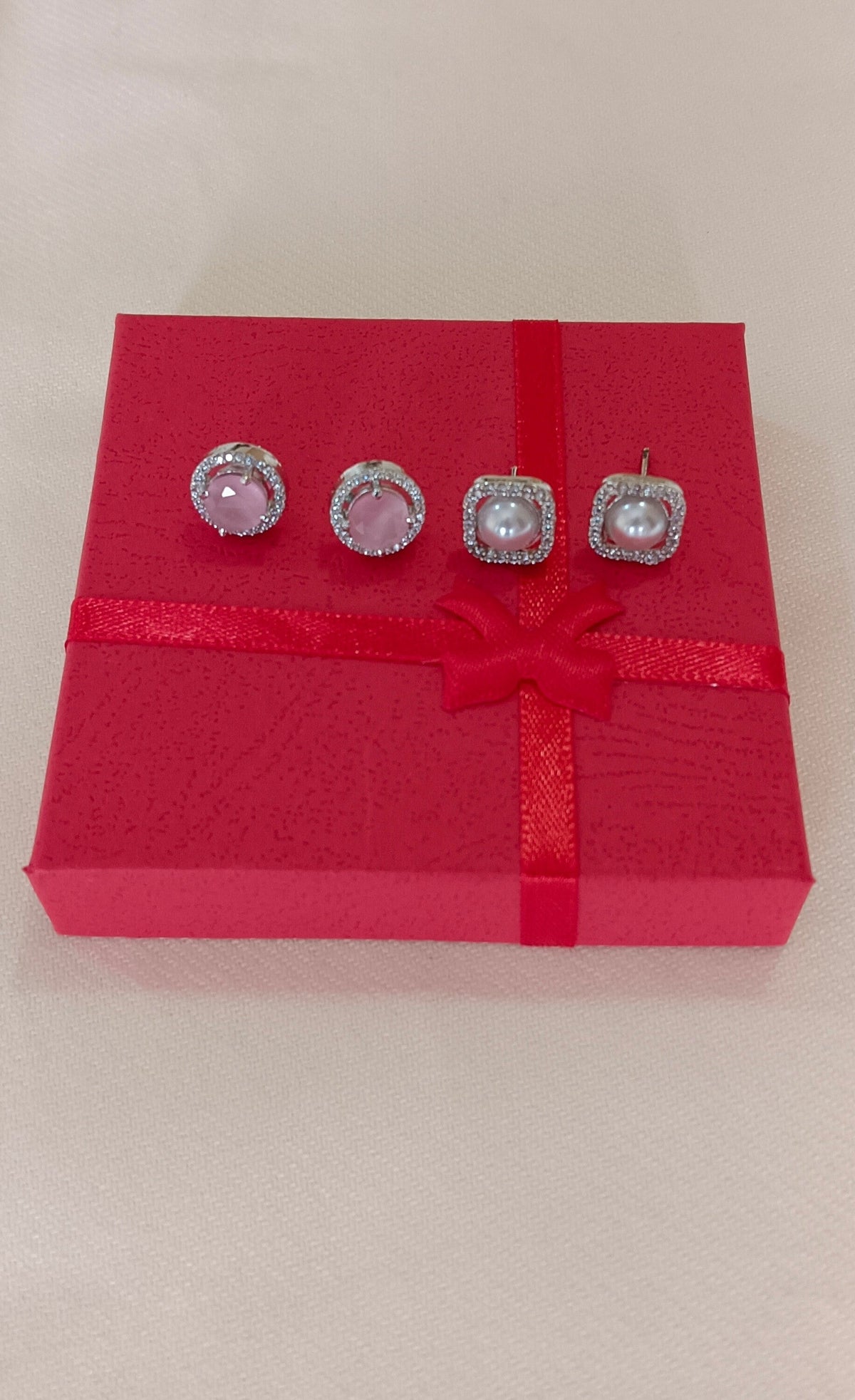 Pack of 2 Silver Central Faux Pearl AD STud Earring and Cz alloy Pink Stud earring