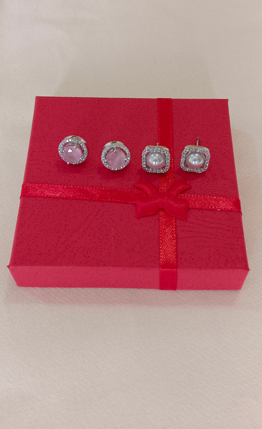 Pack of 2 Silver Central Faux Pearl AD STud Earring and Cz alloy Pink Stud earring