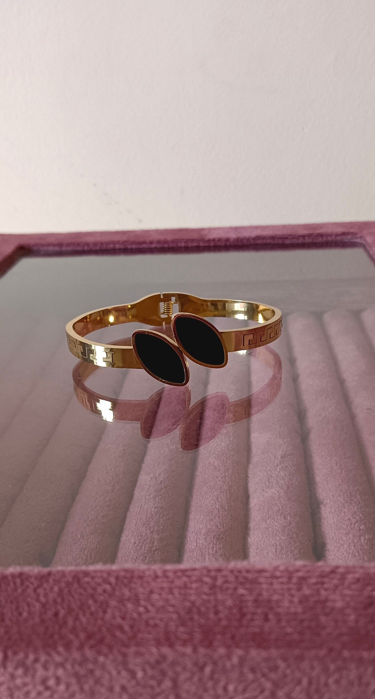 Black Petal Shaped Gold Finish Stainless Steel Cuff Bracelet