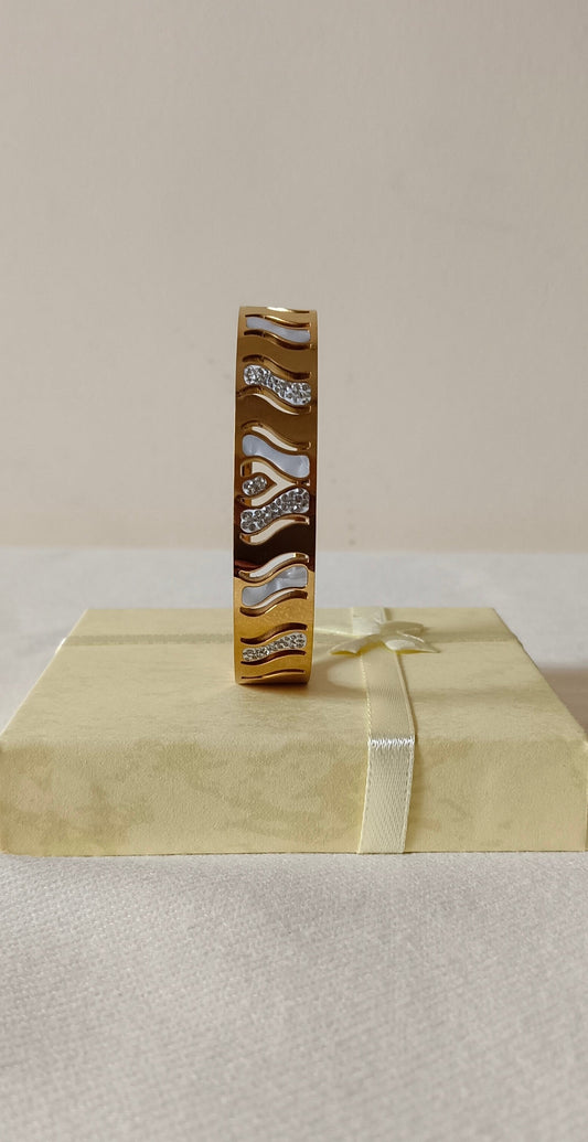 Gold Plated Bangle Style Cuff Bracelet with Crystal and White Stones