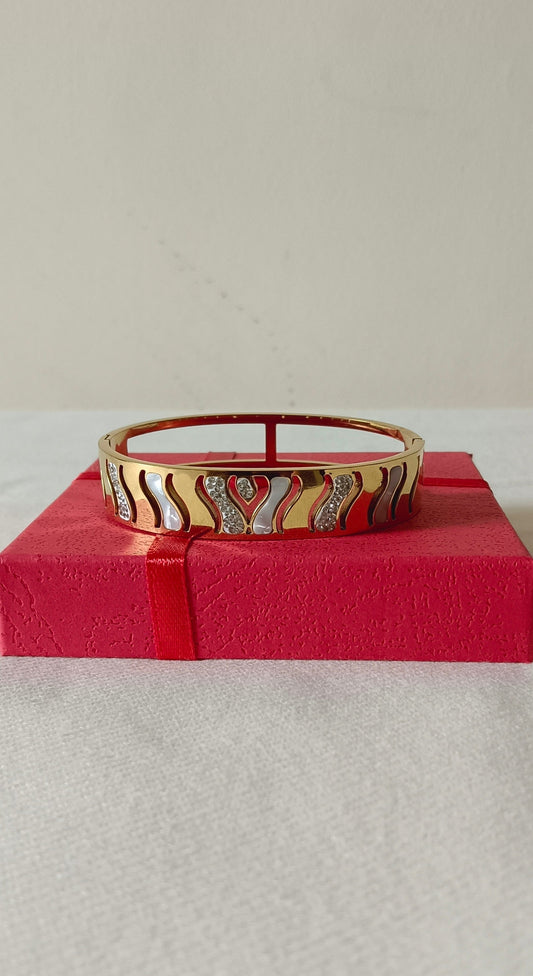 Gold Plated Bangle Style Cuff Bracelet with Crystal and White Stones