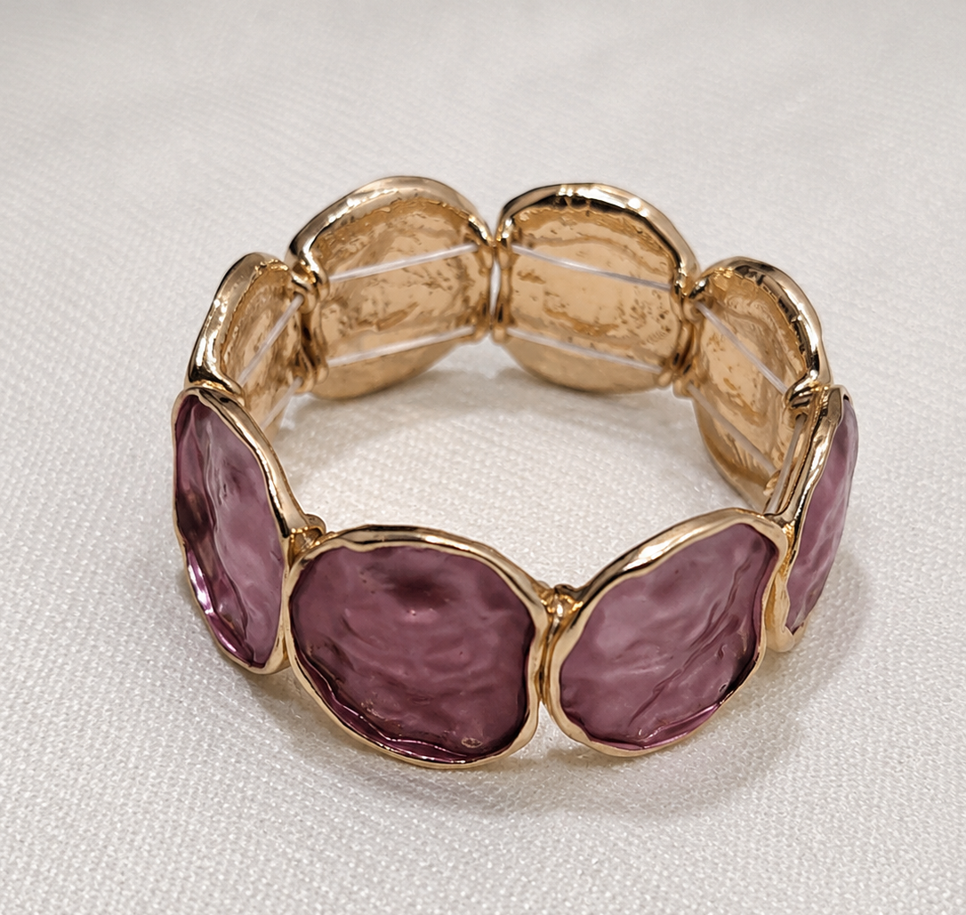 Gold Finish Anti Tarnish Alloy Plated Wine Colored Panels Stretch Bracelet