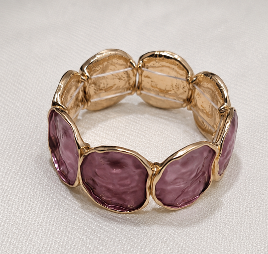 Gold Finish Anti Tarnish Alloy Plated Wine Colored Panels Stretch Bracelet
