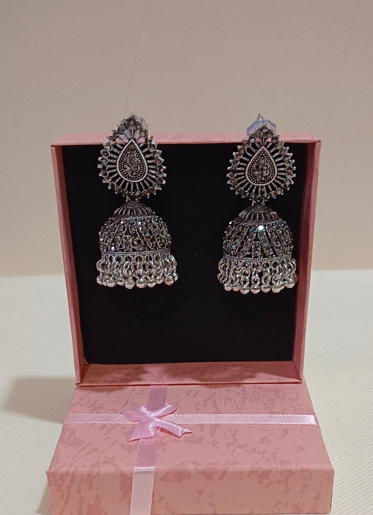 Oxidized Stone Studded Drop Earrings