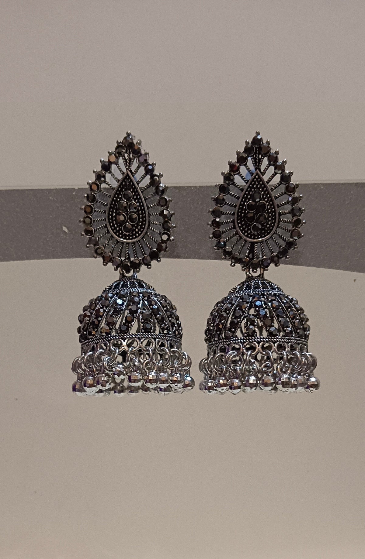 Oxidized Stone Studded Drop Earrings