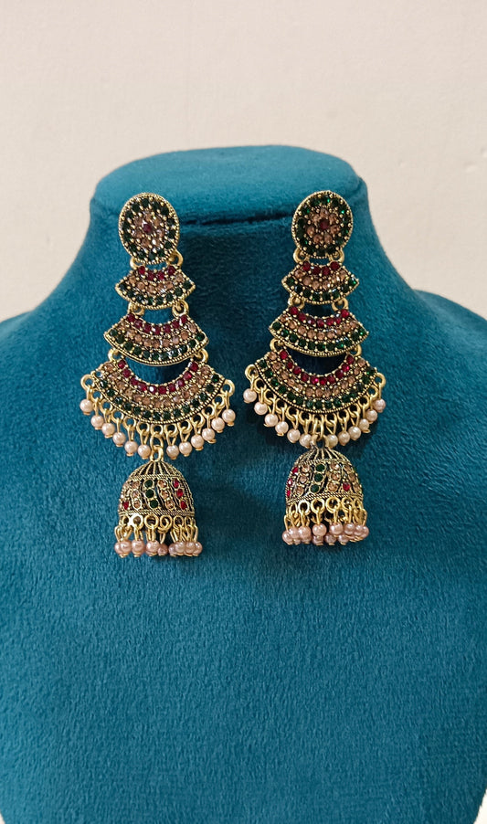 Red & Green Tradional Kundan Jhumki Earrings
