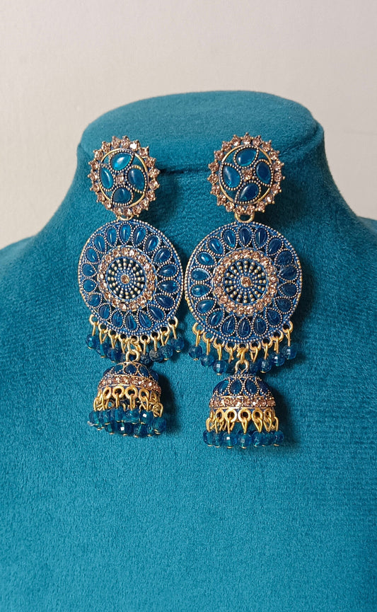 Gold Plated Floral Design Blue Crunchy Jhumka Earrings
