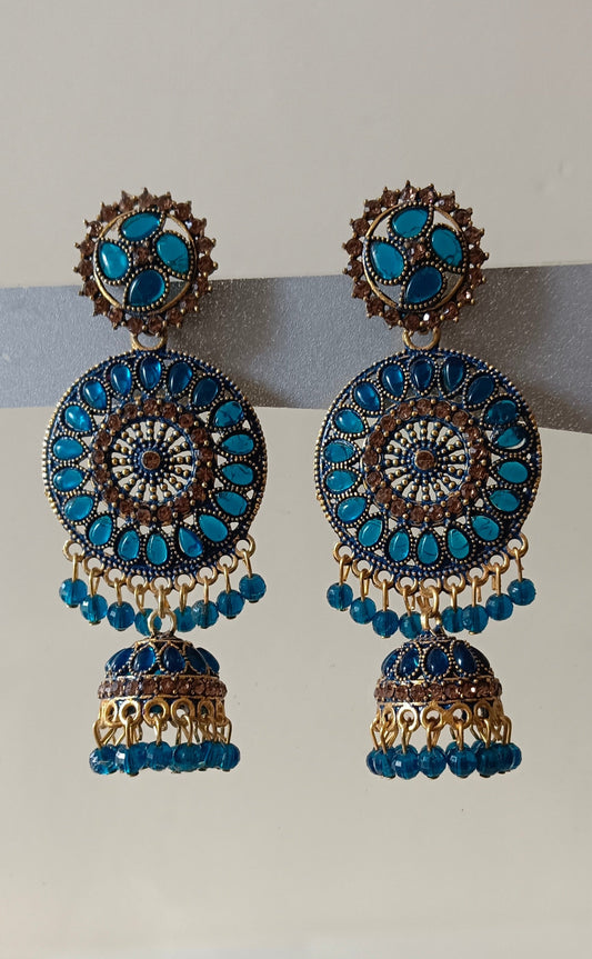 Gold Plated Floral Design Blue Crunchy Jhumka Earrings