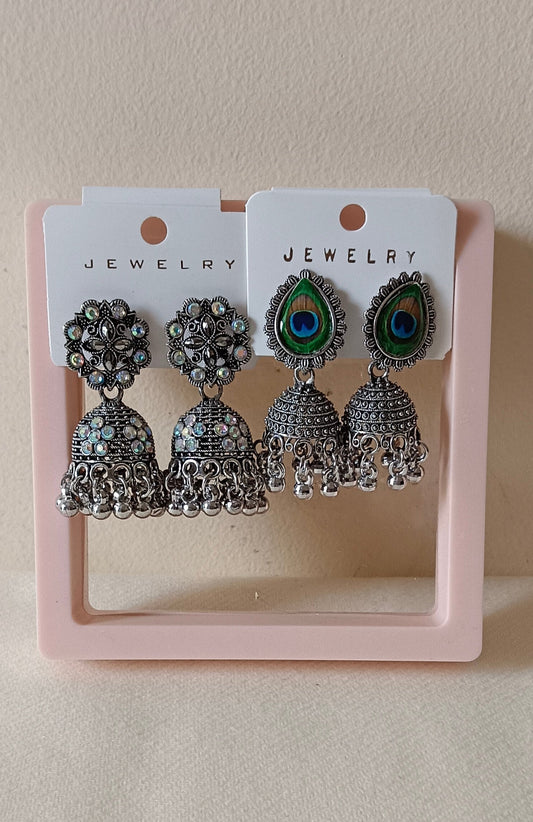 Pack of 2 Oxidized Floral Design Kundan Jhumka and Peacock Jhumka Earrings