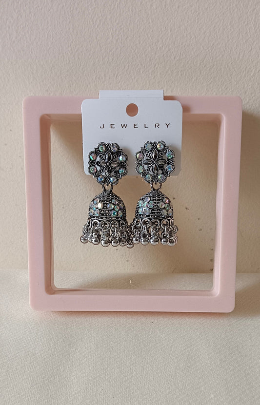 Pack of 2 Oxidized Floral Design Kundan Jhumka and Peacock Jhumka Earrings