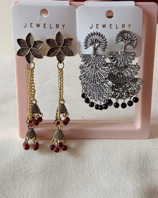 Pack of 2 Oxidized Silver Peacock 3 layer dangling Black Jhumka and Gold Toned Red Sui Dhaga Style Jhumki Earrings