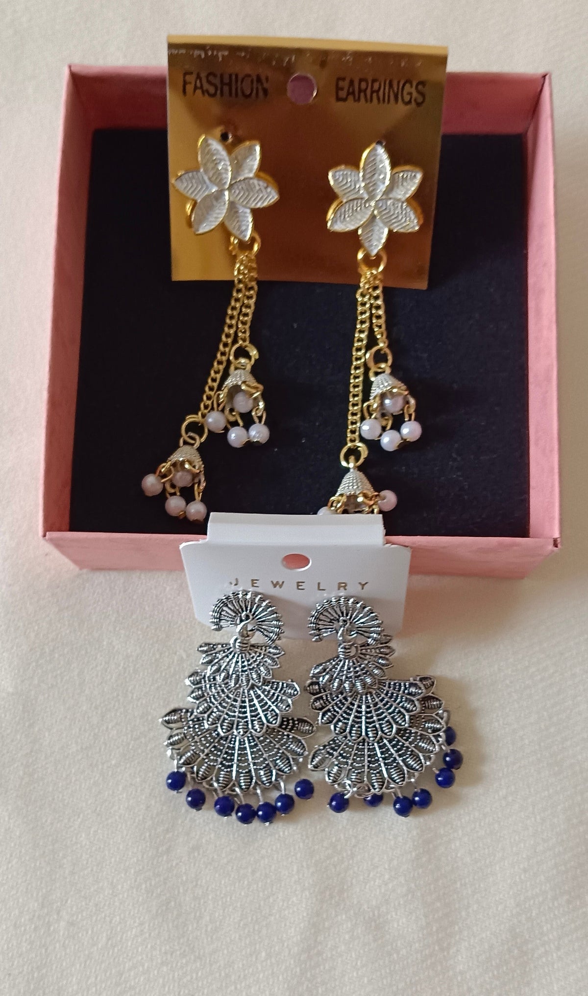 Pack of 2 Oxidized Silver Peacock 3 layer dangling Blue Jhumka and Gold Toned White Sui Dhaga Style Jhumki Earrings