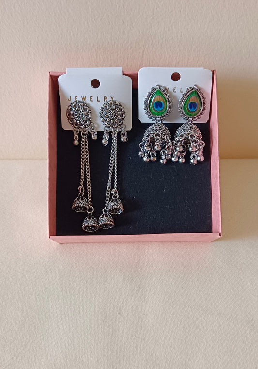 Pack of 2 Oxidized Silver Sui Dhaga Style Jhumki and Peacock Jhumka Earrings