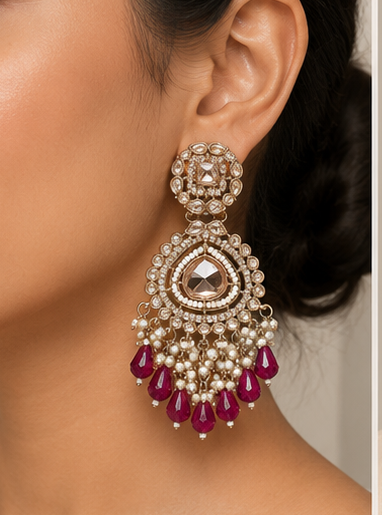 Golden Bahubali Kundan Studded Earrings with Maroon Drop Shape Beads