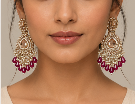 Golden Bahubali Kundan Studded Earrings with Maroon Drop Shape Beads
