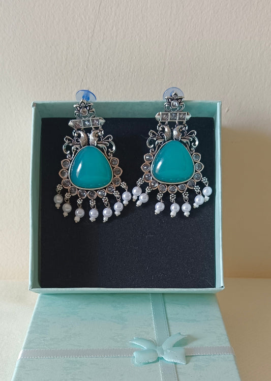 Oxidized Silver Drop Dangler Earrings with Cyan Stone