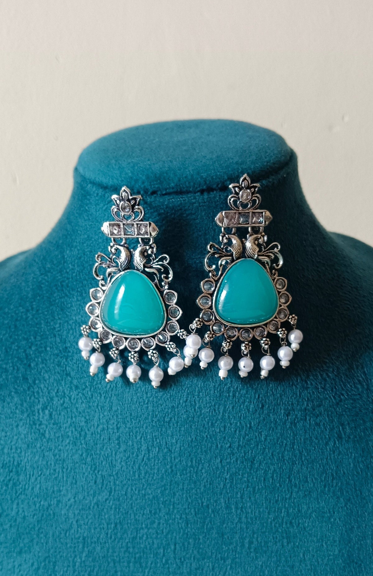 Oxidized Silver Drop Dangler Earrings with Cyan Stone