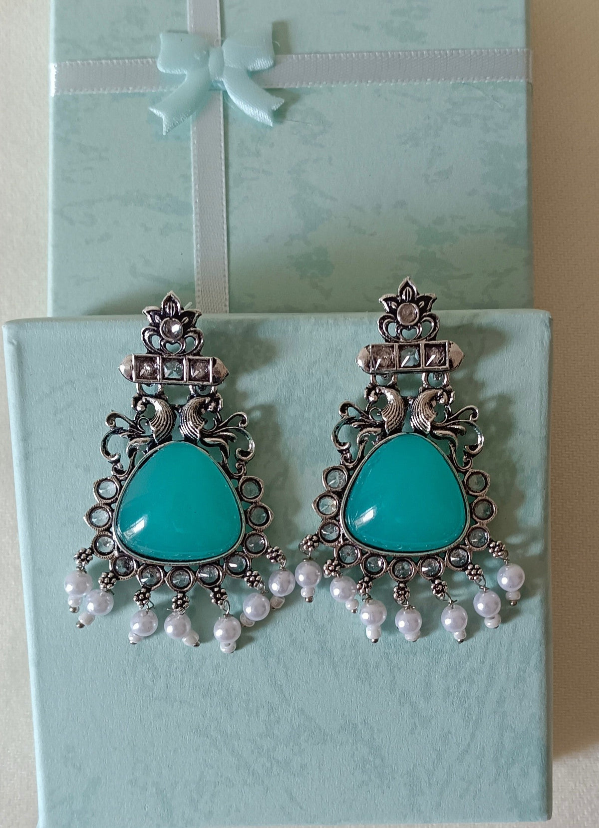 Oxidized Silver Drop Dangler Earrings with Cyan Stone