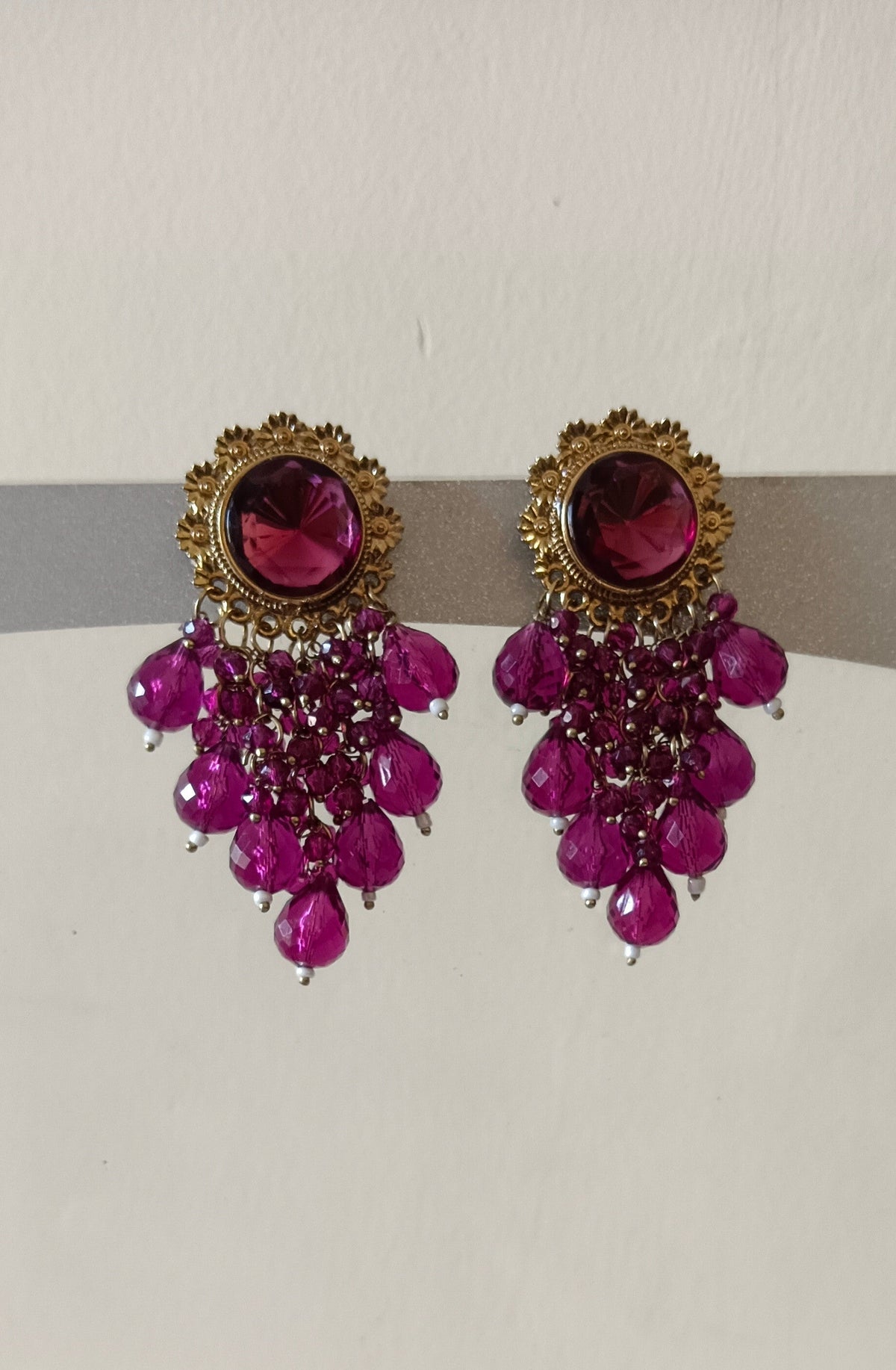 Golden Earring Studded with Purple Kundan Stone Full of Hanging Purple Beads