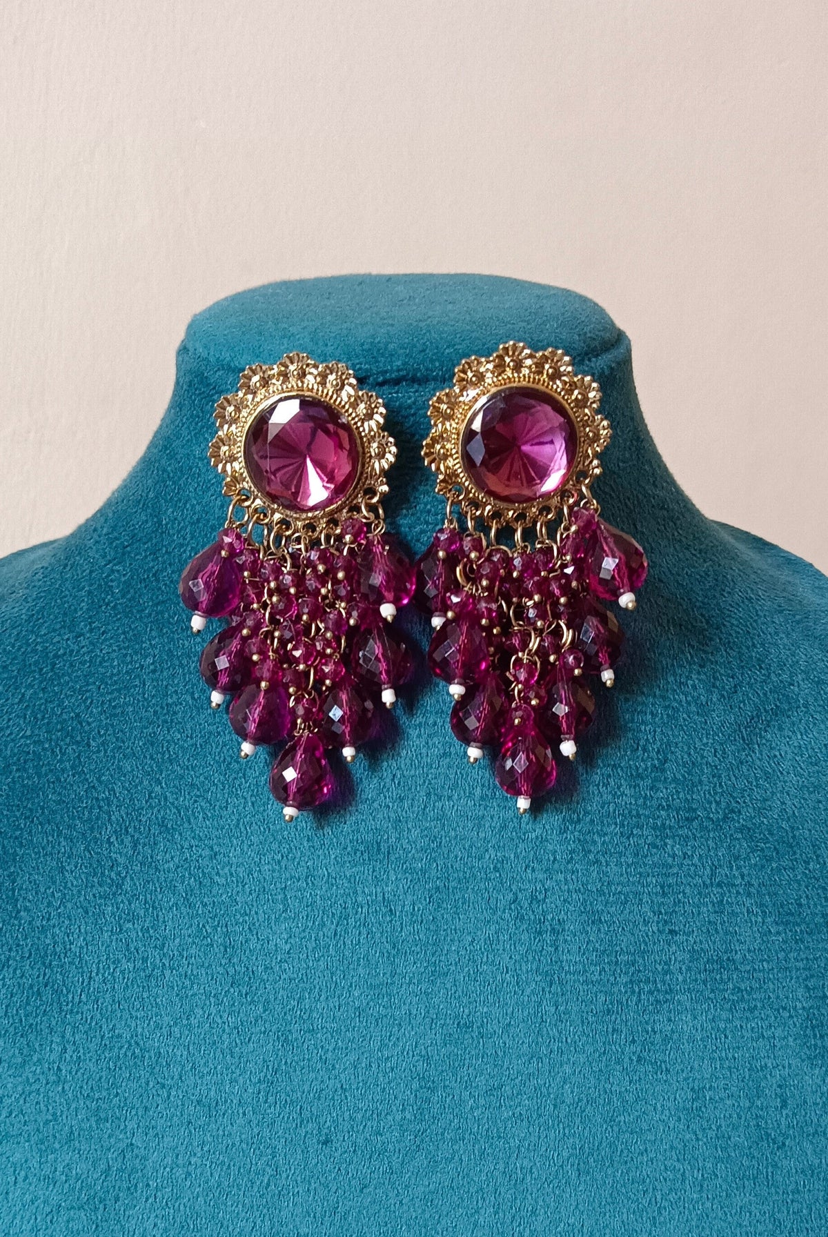 Golden Earring Studded with Purple Kundan Stone Full of Hanging Purple Beads
