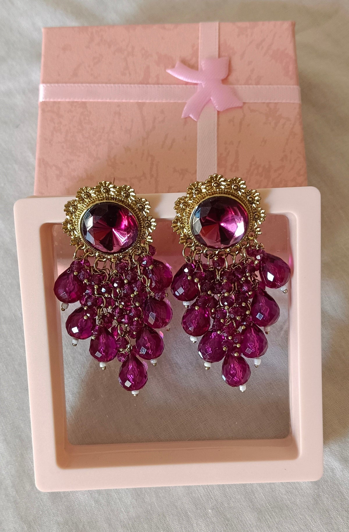 Golden Earring Studded with Purple Kundan Stone Full of Hanging Purple Beads