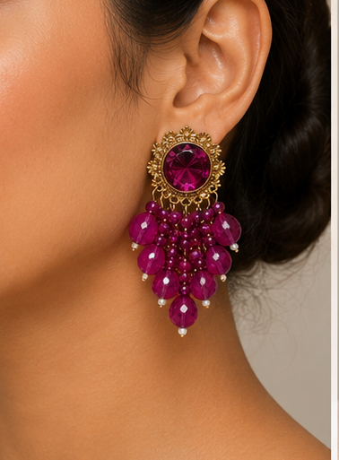 Golden Earring Studded with Purple Kundan Stone Full of Hanging Purple Beads