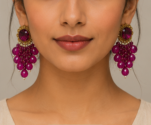 Golden Earring Studded with Purple Kundan Stone Full of Hanging Purple Beads