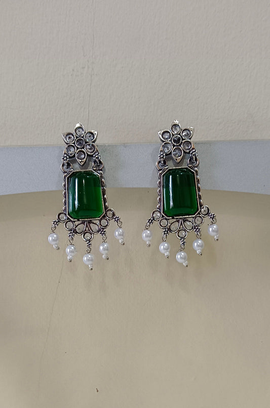 Oxidized Silver Toned Drop Earrings with Floral Top and Square Green Centerpiece