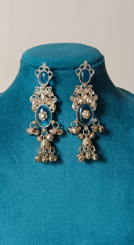Kundan Studded Blue Brass Sea Luxury Jhumka Earrings