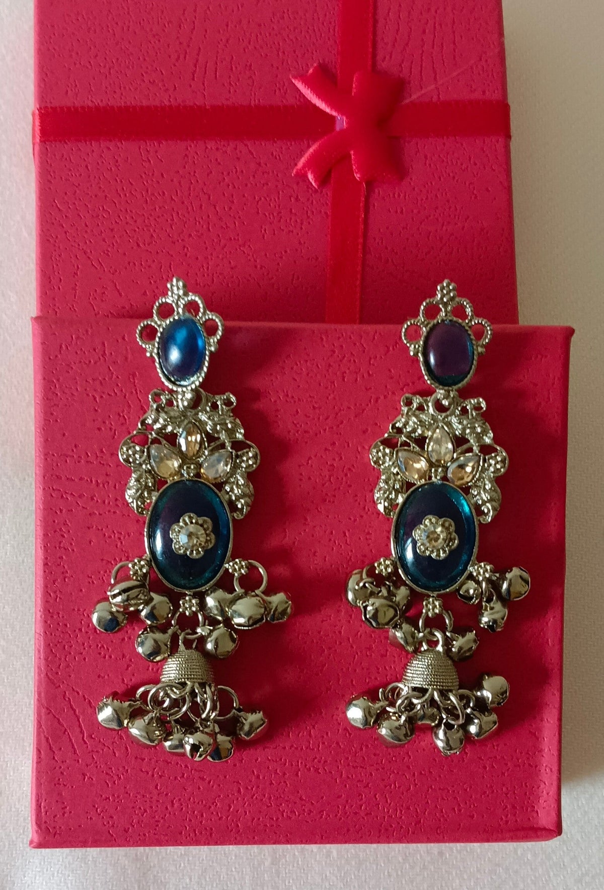 Kundan Studded Blue Brass Sea Luxury Jhumka Earrings