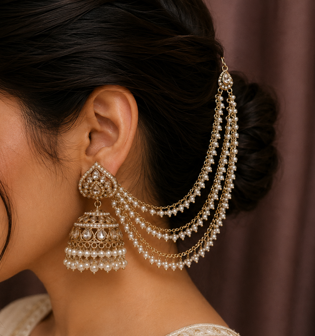 Golden Bahubali Kundan Studded Three Layer Kanchain with White Beads