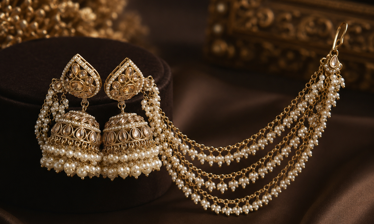 Golden Bahubali Kundan Studded Three Layer Kanchain with White Beads