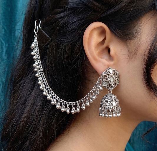Alloy Oxidized Silver toned Floral Kanchain Jhumka