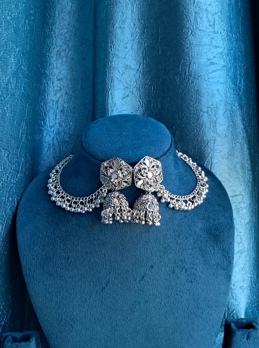 Alloy Oxidized Silver toned Floral Kanchain Jhumka