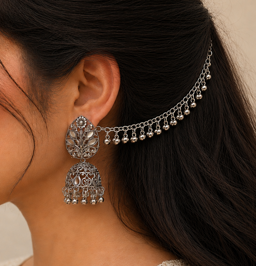 Alloy Oxidized Silver toned Leaf Kanchain Jhumka